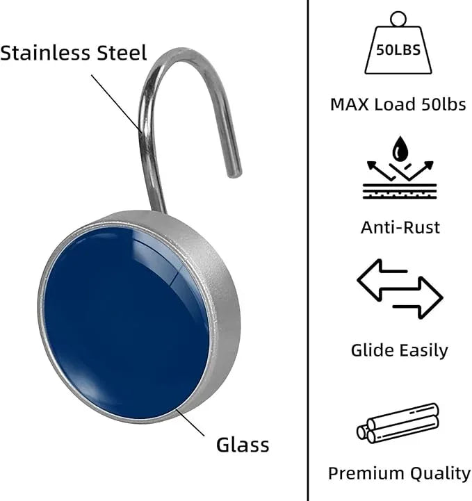 Navy Shower Curtain Hooks Set of 12 Rustproof Metal Decorative Shower Hooks for Curtains Rods Blue Shower Curtain Rings for Bathroom Living Room Bedroom - ModernBath