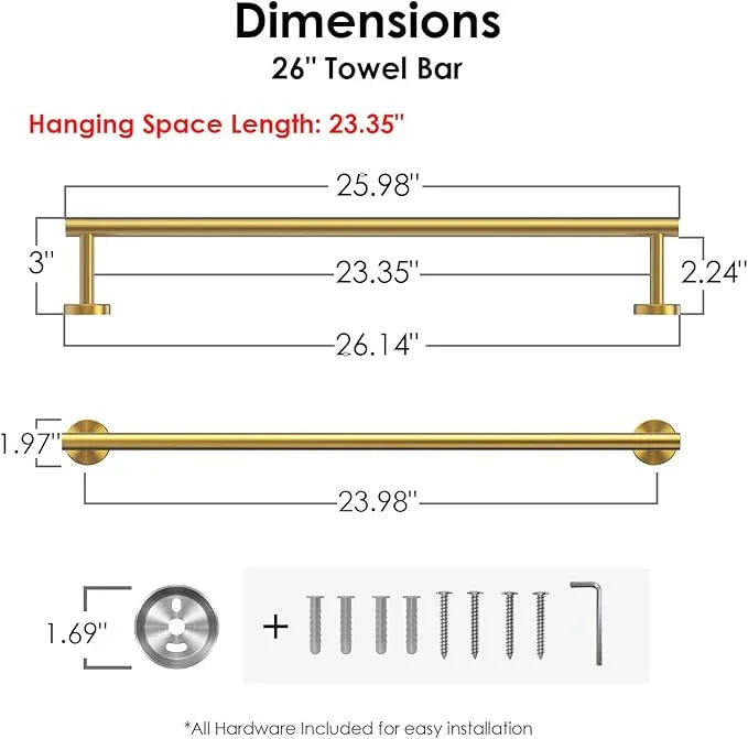 FORIOUS Towel Bar Wall Mounted, Stainless Steel Towel Racks for Bathroom, Includes Wall Mounting Hardware (Brushed Gold, 26 Inch) - ModernBath