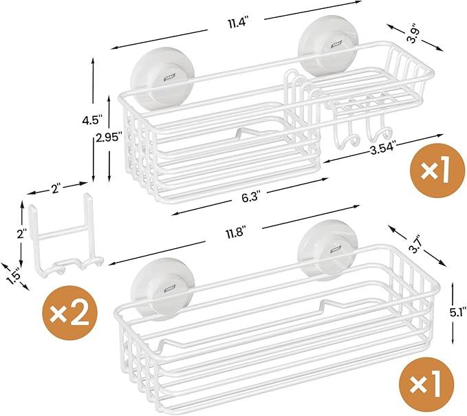 LEVERLOC Shower Caddy Suction Cup, 2 Pack Shelves for Inside with Hooks and Soap Holder, NO-Drilling Bathroom Holder, Rustproof Meatl Bathroom Organizer, White - ModernBath