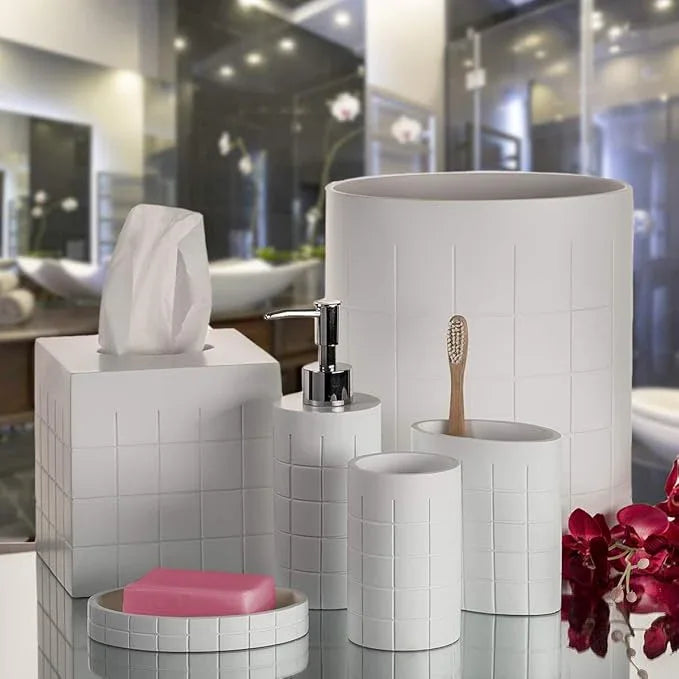 Creative Scents Polar White Bathroom Accessories Set with Trash Can - 6 Piece Bathroom Set Features: Waste Basket, Tissue Cover, Soap Dispenser, Toothbrush Holder, Tumbler and Soap Dish - ModernBath