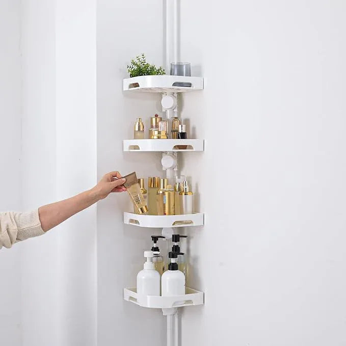 akinbas Tension Pole Shower Caddy Organizer with 4 Tier L-Shaped Rust Resistant Bathroom Corner Shelves with 34-124 Inch Adjustable No Drilling Quick Install Shower Rack for Bath Essentials (White) - ModernBath