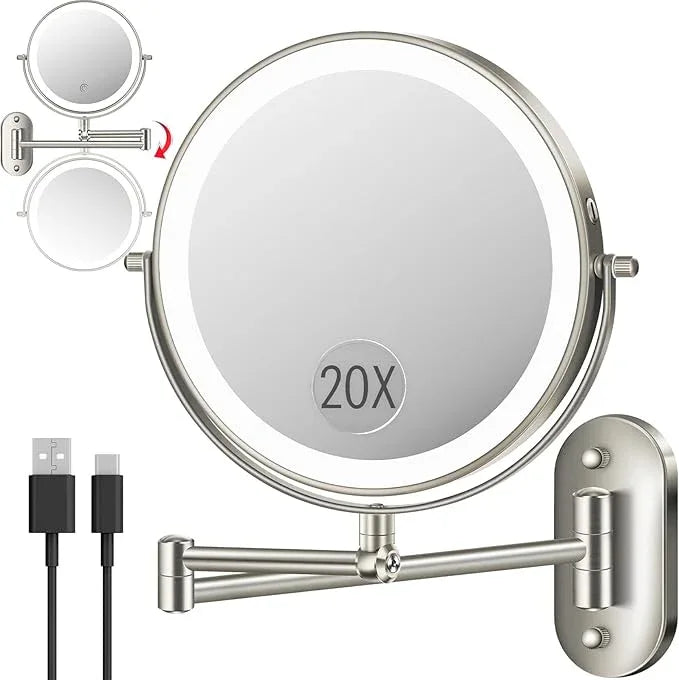 vpu 9" Wall Mounted Makeup Mirror with Light, 20X/1X Height Adjustable Double Sided Magnifying Bathroom Lighted Mirror, 3 Color Touch Dimmable Extended Arm 360 Rotation Light up Magnification Mirrors - ModernBath
