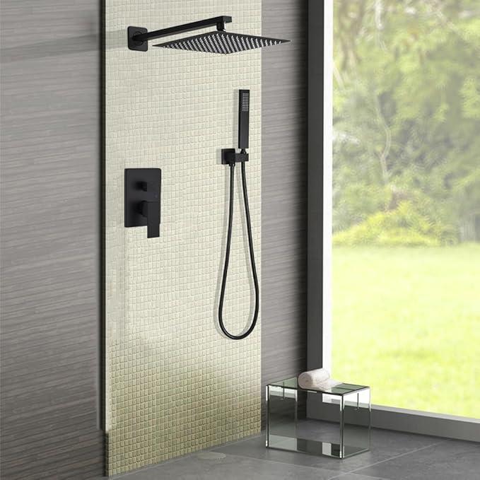 JingGang Matte Black Shower System 12 Inch Bathroom Luxury Rain Mixer Shower Combo Set Wall Mounted Rainfall Shower Head and Handheld System Shower Faucet Set Rough-in Valve Body and Trim Kit - ModernBath