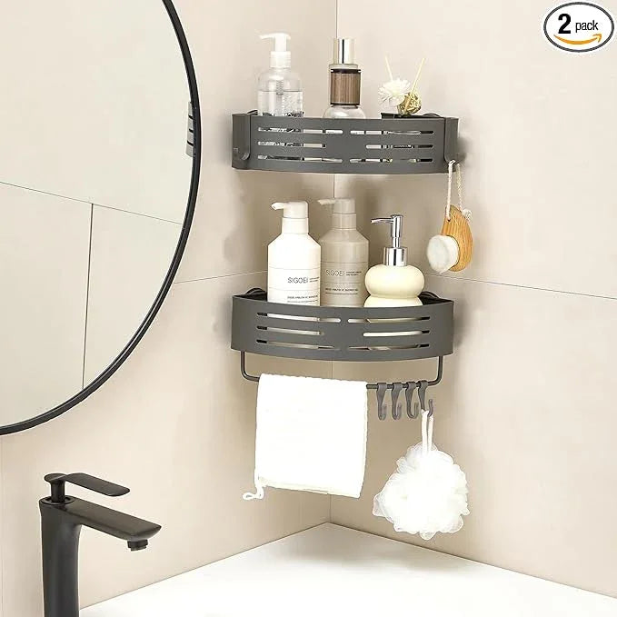 Suction Cup Shower Caddy Corner, Shower Storage Rack With Large Capacity, No Drilling Suction Shelves Space-Saving Shower Organizer with Towel Bar Hooks for Bathroom & Home Decor(2pcs, Gray) - ModernBath