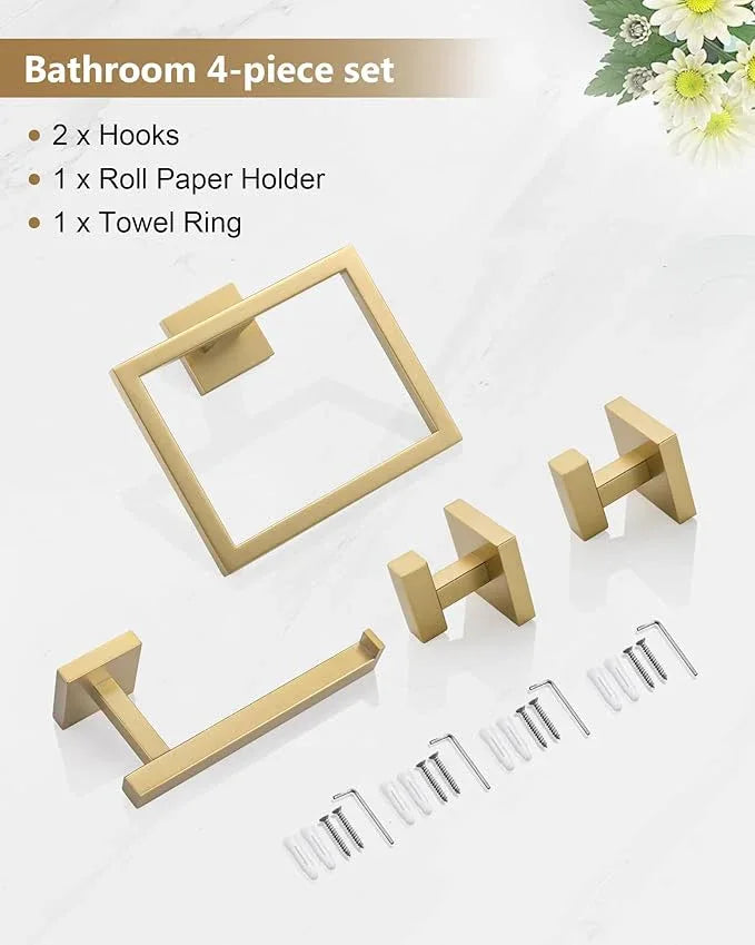 Brushed Gold Bathroom Hardware Set 4 Pieces, Toilet Paper Holder Set SUS304 Stainless Steel Bath Hand Towel Ring for Bathroom Hardware Accessories Set Wall Mounted - ModernBath