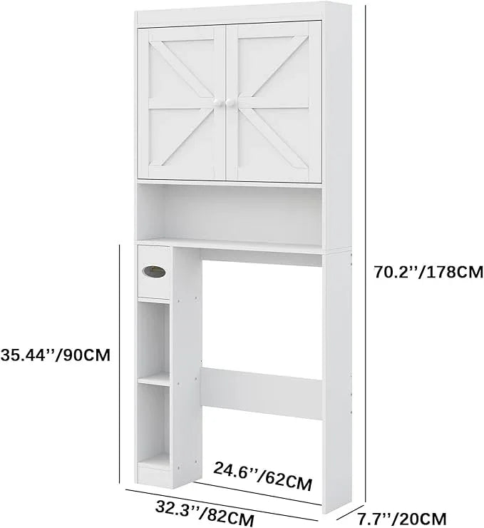 Furnideco Over The Toilet Storage Cabinet with Barn Doors, 32.3''W Free Standing Toilet Storage Shelf Space Saver with Adjustable Bottom Bar, White - ModernBath
