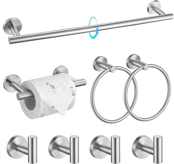 TQKAG 8-Pieces Bathroom Hardware Set Brushed Nickel SUS304 Stainless Steel Bath Towel Bar Set 23.6 Inch Round Bathroom Accessories Kit Wall Mounted - ModernBath