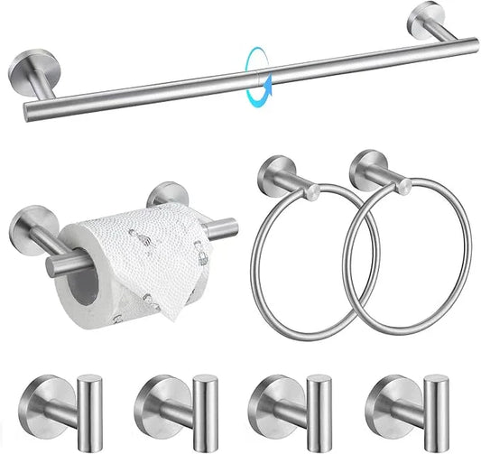 TQKAG 8-Pieces Bathroom Hardware Set Brushed Nickel SUS304 Stainless Steel Bath Towel Bar Set 23.6 Inch Round Bathroom Accessories Kit Wall Mounted - ModernBath