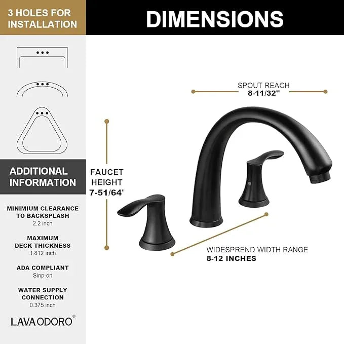 Lava Odoro Black Roman Tub Faucet with Valve, 8 inch Widespread Bathtub Faucet with Valve, High Flow 2 Handle Deck Mount Tub Faucet, Solid Brass 3 Hole Bath Tub Filler TF405-MB - ModernBath