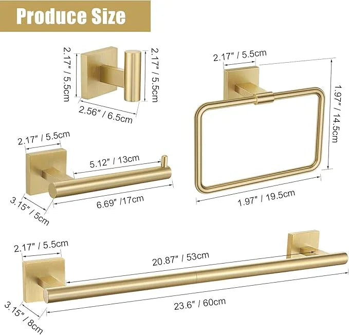 TNOMS Gold Towel Bar Set 5-Piece Brushed Gold Bathroom Hardware Accessories Set Include 23.6in Towel Bar Toilet Paper Holder Towel Ring Towel Hooks,Stainless Steel Towel Holder Set Wall-Mounted - ModernBath
