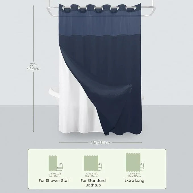 Inhousolu No Hook Shower Curtain with Snap in Fabric Liner Set Waffle Weave 230GSM Weighted Hem, Waterproof & Washable Bathroom Curtain Spa Luxury with Mesh Top Window 72" W x 72" L Navy Blue - ModernBath