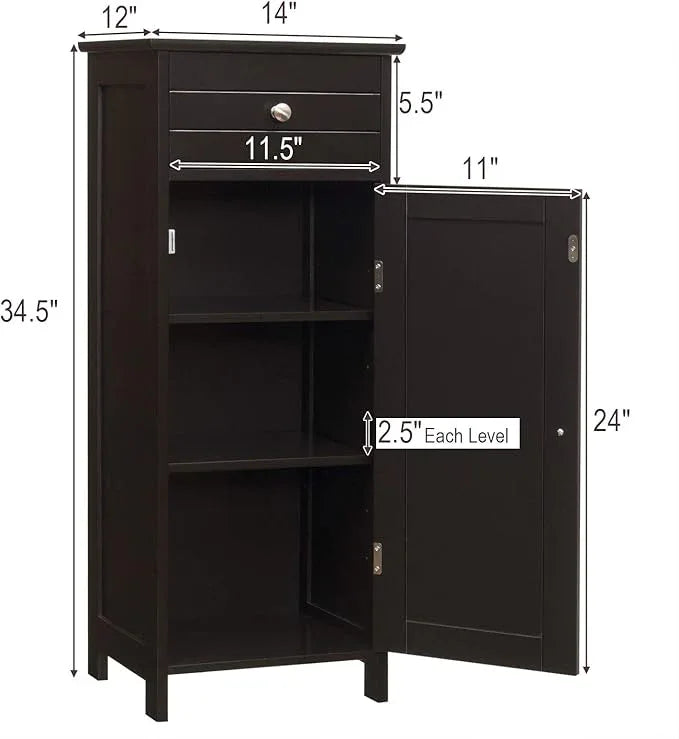 Tangkula Bathroom Floor Cabinet, Wooden Side Storage Cabinet, Freestanding Single Door Bathroom Cabinet with Large Drawer & 2 Adjustable Shelves for Living Room Kitchen (Brown) - ModernBath