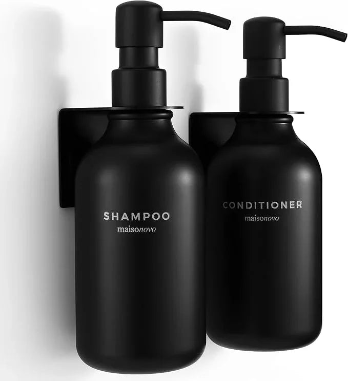 MaisoNovo Shampoo and Conditioner Dispenser - Shower Soap Dispenser Wall Mounted - 16.9 fl oz Set of 2 Black Plastic Bottles Black Pumps - 2 Chamber No Drill - ModernBath