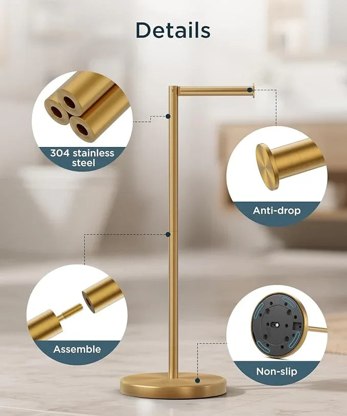 FORIOUS Toilet Paper Holder Stand, Modern Freestanding Tissue Roll Holder for Bathroom, Durable SUS 304 Stainless Steel and Weighted Base Toilet Paper Stand, Storage for 4 Rolls, Brushed Gold - ModernBath