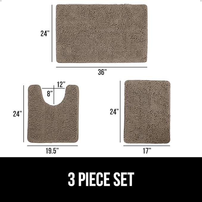 GORILLA GRIP Bathroom Rug Sets 3 Piece, Bath Mat Set and Oval Toilet Base with Rubber Backing, Plush Absorbent Shaggy Chenille Washable Mats, Includes 24x19.5, 24x17 and 36x24 Inch Rugs, Gray Beige - ModernBath