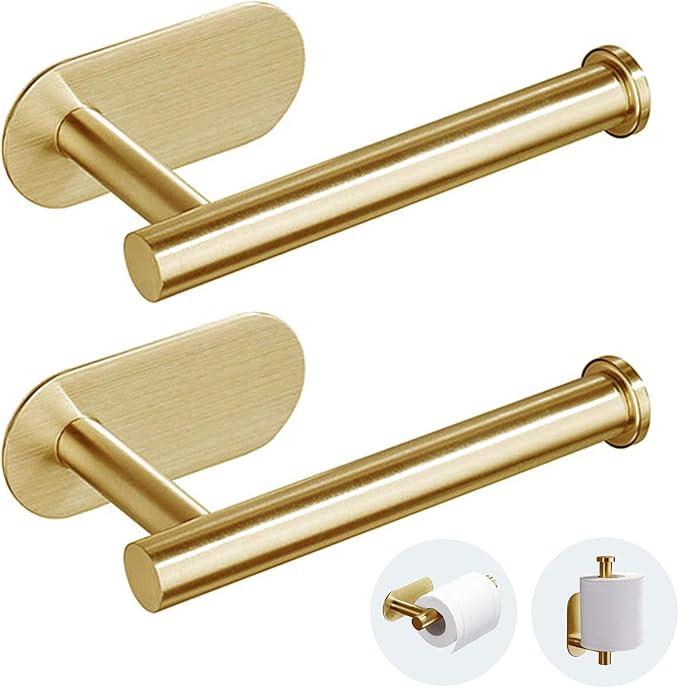 Toilet Paper Holder - Self Adhesive Toilet Paper Holder Wall Mount for Bathroom, SUS 304 Stainless Steel Command Strip Toilet Paper Roll Holder Stick On Wall, No Drilling - Brushed Gold（2 Pcs） - ModernBath