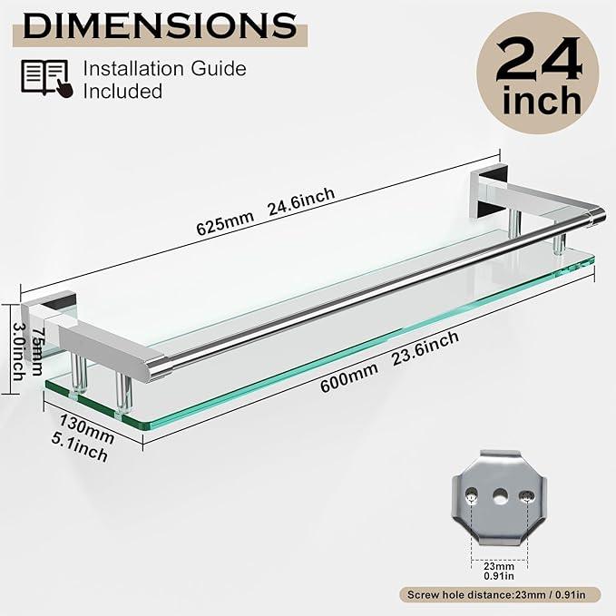 Glass Shelf for Bathroom Wall Sheves 24 inches Rectangular Stainless Steel Tempered Glass Modern Wall Mount Accessories Organizers Storage (Chrome Polished, 24‘’) - ModernBath