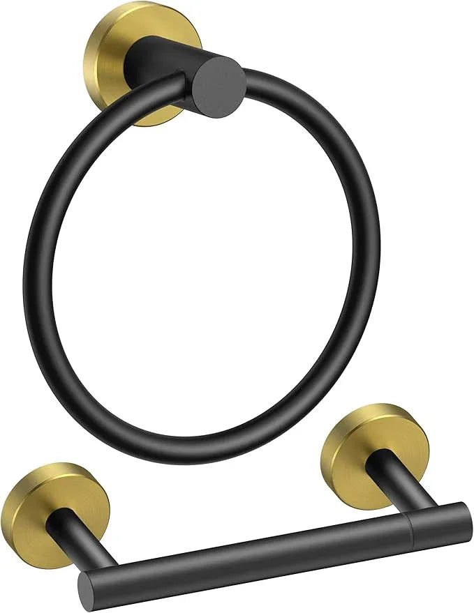 FORIOUS Toilet Paper Holder Wall Mount, SUS304 Stainless Steel Double Post Pivoting Tissue Roll Holder and Hand Towel Ring Set for Bathroom, RV, Bathroom Hardware Accessories Set, Black Gold - ModernBath