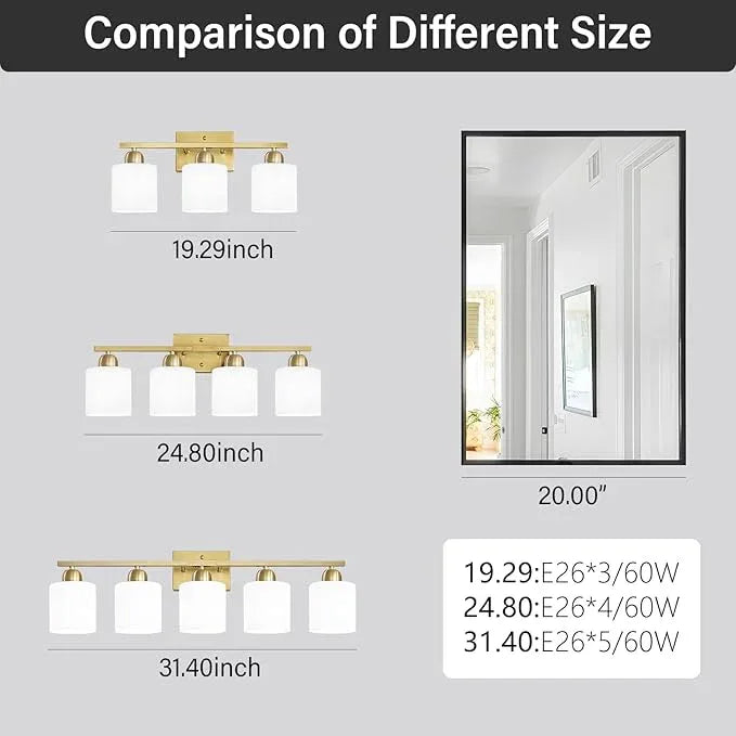 4 Light Gold Light Fixture Bathroom, Brushed Gold Vanity Light with Milky White Frosted Glass Shades, Lights for Bathroom Mirror for Living Room Bedroom Hallway E26 Base - ModernBath