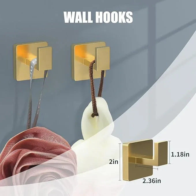 5 Piece Gold Towel Bar Set Bathroom Hardware Set Gold Bathroom Accessories Set with 2 Towel Hook, Stainless Steel Wall Mounted Bathroom Towel Rack Set Square 16-Inch - ModernBath