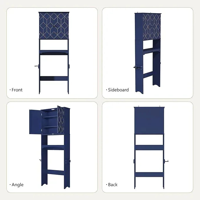 Over The Toilet Storage Cabinet with Gold Trim, Modern Bathroom Organizer Over Toilet with Adjustable Shelves and Toilet Paper Holder for Bathroom (Blue) - ModernBath