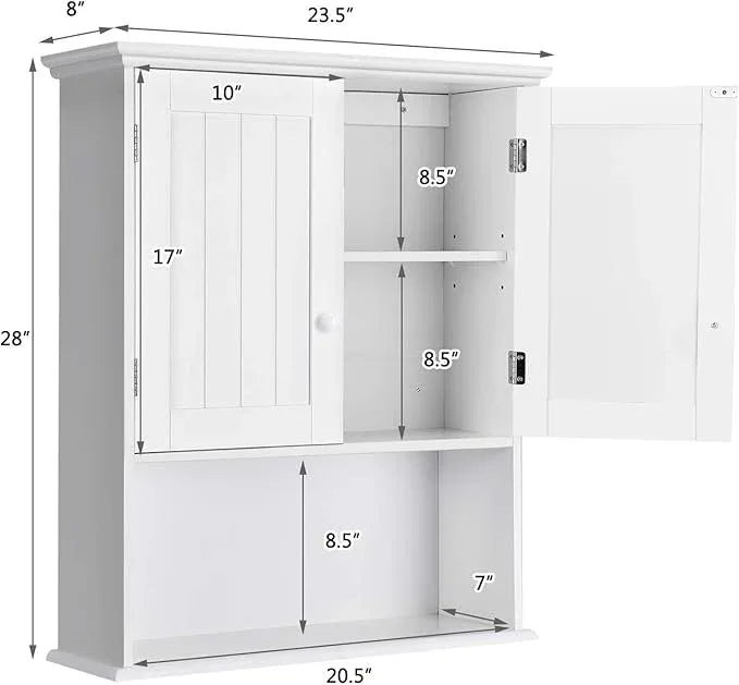 COSTWAY Wall Mounted Bathroom Cabinet, Over The Toilet Storage Cabinet w/Double Doors & Adjustable Shelf, Wood Hanging Medicine Cabinet for Living Room, Entryway, Kitchen (White) - ModernBath