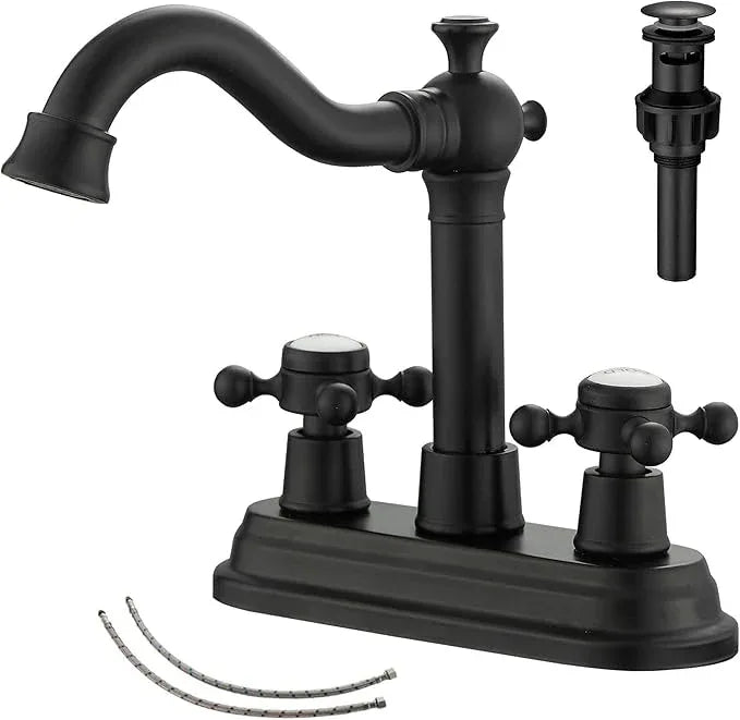 GGStudy Bathroom Faucet Matte Black 2 Handles 4 Inches Centerset Black Bathroom Vanity with Drain Assembly and Supply Hose Lavatory Faucet - ModernBath