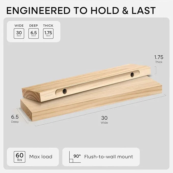 Homeforia 30 inch Natural Floating Shelf, High End Solid Real Wood 30inch Small Floating Shelves for Wall Mounted, Natural Wooden Floating Shelves, Heavy Duty Bracket, 30 X 6.5 X 1.75 in, Set of 4 - ModernBath