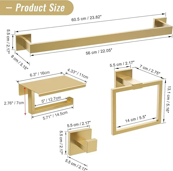 YACVCL Brushed Gold Bathroom Hardware Accessorie Set 23.6 Inch Towel Bar Set 5-Pieces Towel Rack&Holder Set for Bathroom,Upgraded Toilet Paper Holder with Shelf,Stainless Steel Wall-Mounted - ModernBath