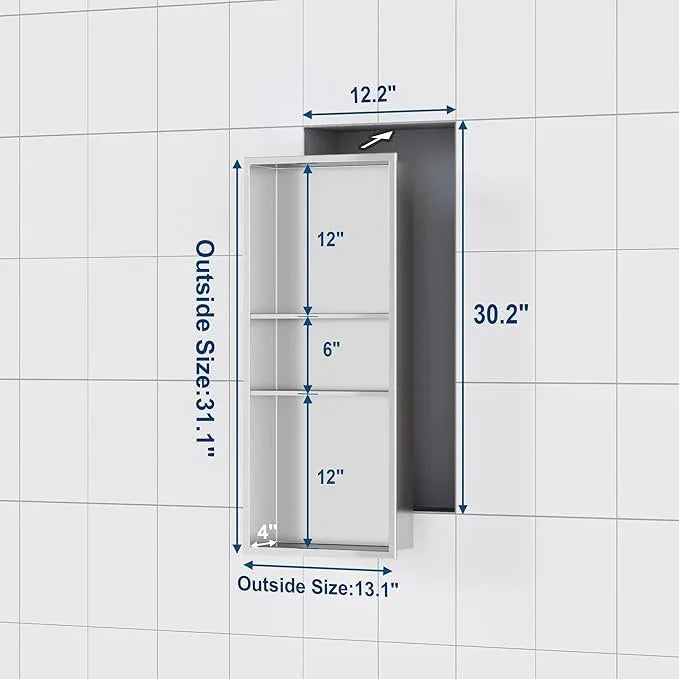 Qeke Stainless Steel Shower Niche 12" X 30", No Tile Needed Wall Niche Three-Tier Shower Niche, Recessed Shower Shelf for Bathroom Storage, Brushed Nickel - ModernBath
