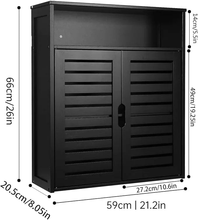 HYNAWIN Wall-Mounted Black Bathroom Cabinet with Double Doors, Bamboo Storage Shelf Organizer for Kitchen, Living Room, or Bathroom - ModernBath