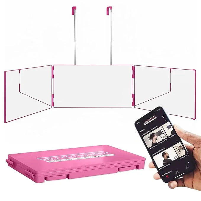 Self-Cut System 3 Way Mirror for Braiding Hair, Styling & Hair Coloring - Tri-Fold Three Way Mirror with Telescoping Hooks - Compact & Travel Size - Over-the-Door Mount for DIY Haircuts, Makeup - Pink - ModernBath