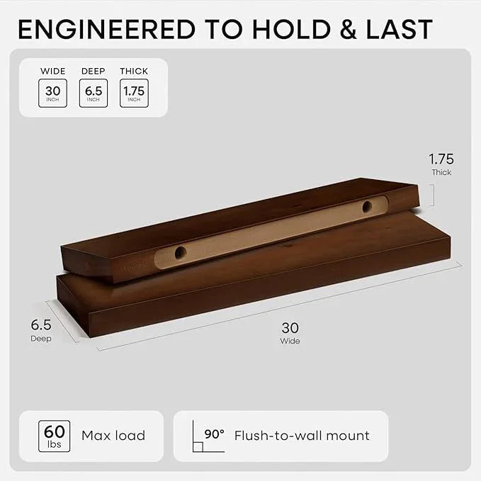 Homeforia 30inch Walnut Floating Shelves for Wall Mounted, High End Solid Real Wood 30 in Floating Shelf, Dark Brown Wooden 30 inch Long Floating Shelves, Heavy Duty Bracket, 30 X 6.5 X 1.75, Set of 3 - ModernBath