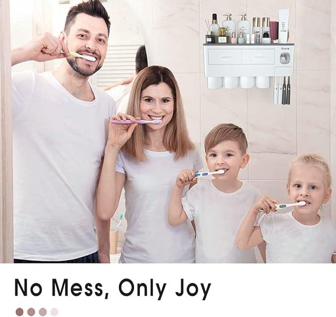 iHave Toothbrush Holders for Bathrooms, 4 Cups Toothbrush Holder Wall Mounted with Toothpaste Dispenser - Large Capacity Tray, 2 Cosmetic Drawer - Bathroom Organizer & Bathroom Accessories Set - ModernBath