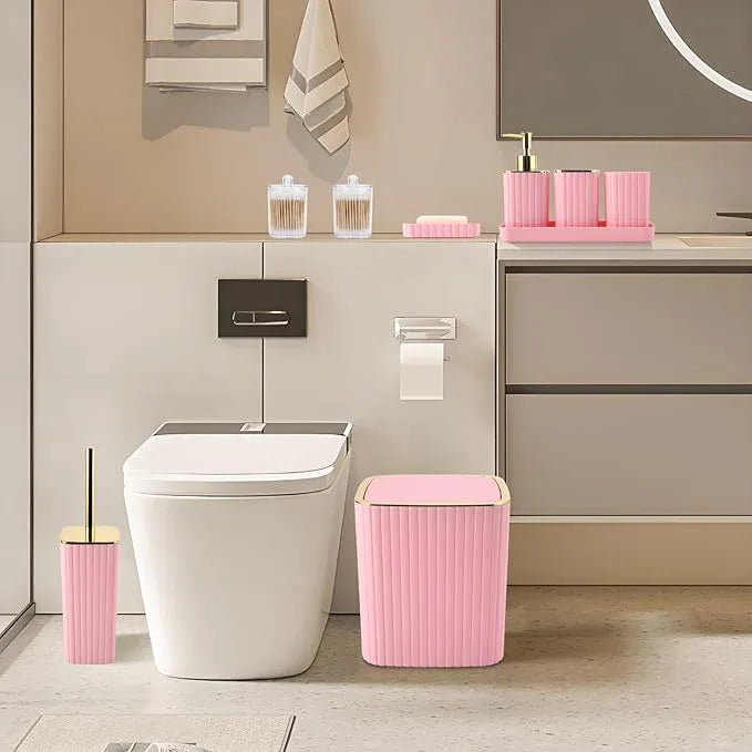 XLHOMO Pink Bathroom Accessories Set - Gorgeous Bathroom Set, 10PC Bathroom Accessory Set, Toilet Brush, Trash Can, Qtip Holder Dispenser & Soap Dispenser - ModernBath