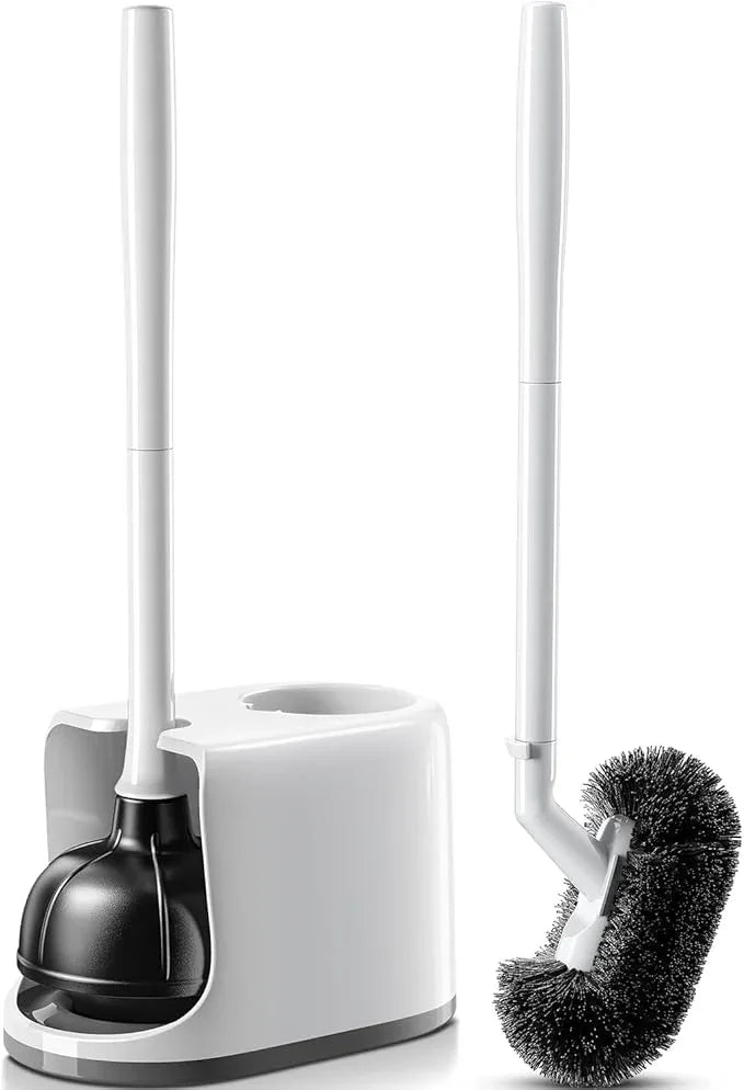 HAMITOR Toilet Plunger Bowl Brush Combo：Heavy Duty Rubber for Drain Clog Remover - Curved Design Bristles for Deep Cleaning Under Rim - Compact Bathroom Cleaning Tools for New Homet Essentials - White - ModernBath