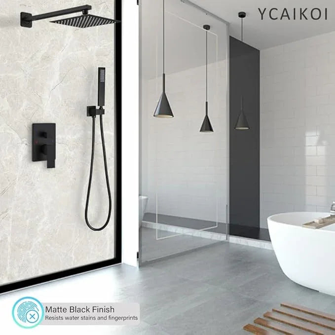Matte Black Shower System YCAIKOI Wall Mount Shower Faucet Set for Bathroom 10 Inch High Pressure Luxury Shower Head with Handheld, Rough-in Valve Body and Trim Included - ModernBath