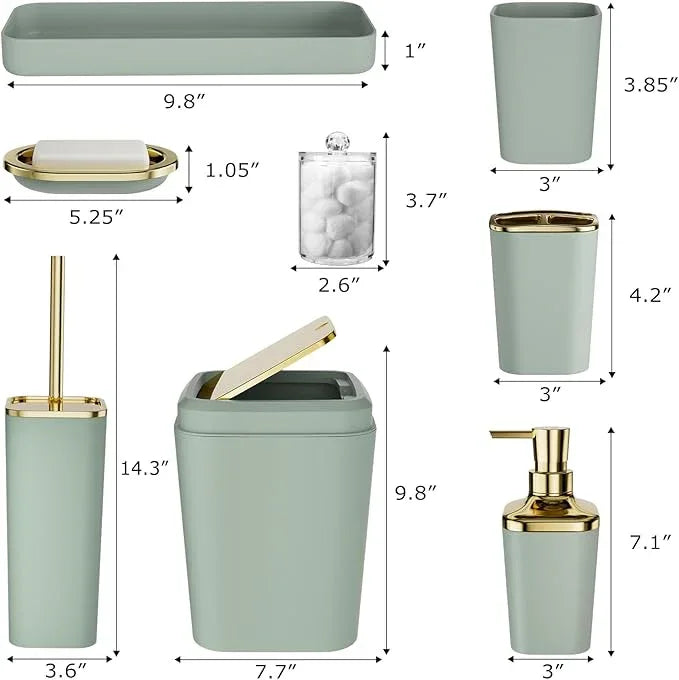 XLHOMO Bathroom Set, Sage Green Bathroom Accessories Set with Press-on Lid Bathroom Trash Can, Soap Dispenser, 10PC Bathroom Accessory Set for Home - ModernBath