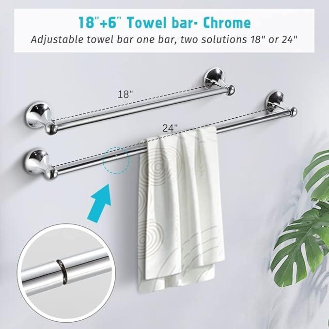 8 Piece Bathroom Accessory Set(Adjustable Towel Bar, Towel Ring, Toilet Paper Holder,Towel Hook), Wall Mounted Bathroom Hardware Accessories Set,Chrome - ModernBath