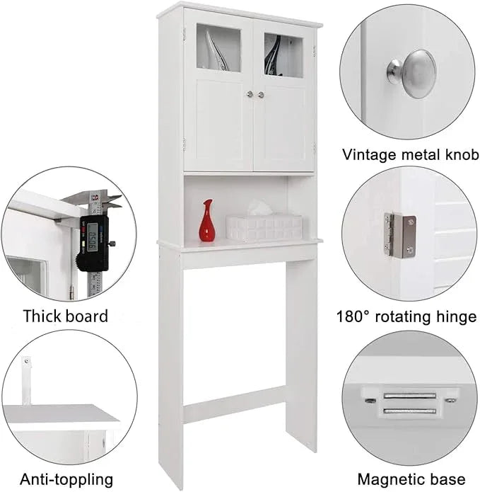 VINGLI Over The Toilet Storage Cabinet White Bathroom Storage Organizer Above The Toilet Shelf with Acrylic Glass Double Doors Wood Muebles para BañO Rack with Adjustable Shelf - ModernBath