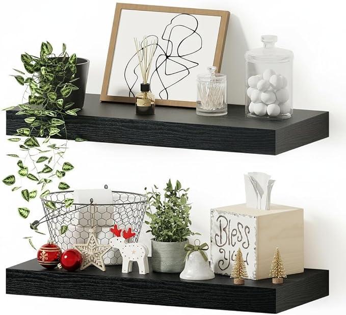 Vivelove Black Bathroom Shelves Over Toilet, 16" Floating Shelves, Wall Shelf for Bathroom Bedroom, Living Room, Kitchen, Office Home Decor, Narrow Shelves with Invisible Brackets Set of 2 - ModernBath