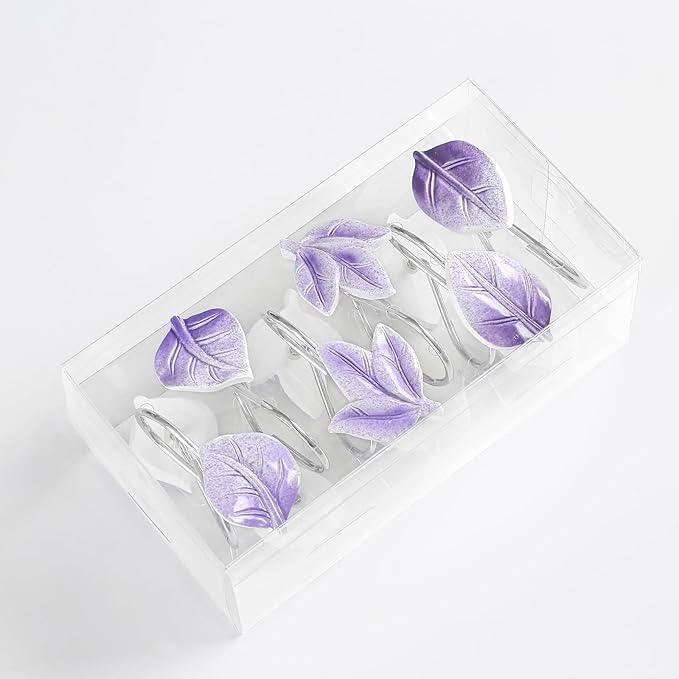 Gibelle 12PCS Leaves Shower Curtain Hooks, Purple Plant Leaf Decorative Shower Curtain Hooks Metal Rustproof Cute Eucalyptus Shower Curtain Rings Bathroom Decoration Accessories - ModernBath