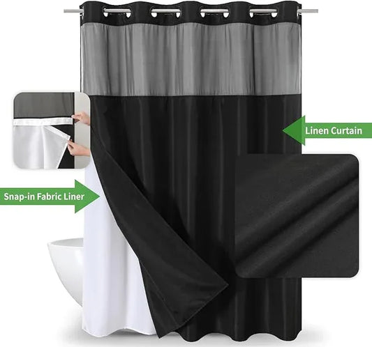 eachope No Hooks Needed Linen Textured Shower Curtain with Snap-in Fabric Liner Set,Black Hotel Luxury Decor Shower Curtains for Bathroom,Waterproof & Washable,71Wx77H - ModernBath