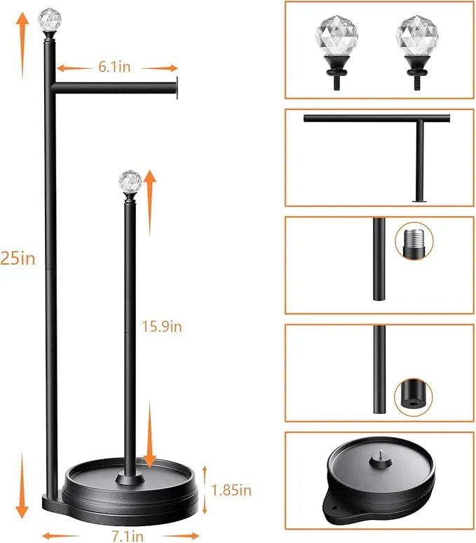 Toilet Paper Holder for Bathroom, Heavy Weighted Metal Free Standing Toilet Paper Holder Stand with Crystal Ball, Toilet Paper Roll Stand for Bathroom Accessories (Matte Black) - ModernBath