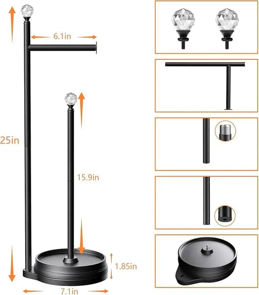 Toilet Paper Holder for Bathroom, Heavy Weighted Metal Free Standing Toilet Paper Holder Stand with Crystal Ball, Toilet Paper Roll Stand for Bathroom Accessories (Matte Black) - ModernBath