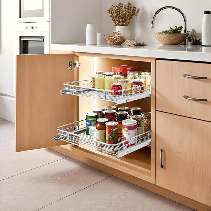 Cabinet Pull Out Shelves (14" W x 21" D), Heavy-Duty Pull Out Shelves for Kitchen Cabinets, Chrome-Plated Steel Slide Out Shelf - ModernBath