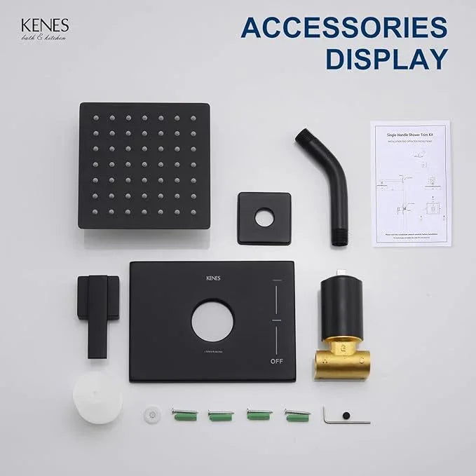 KENES Matte Black Shower Faucet with 6-Inch Shower Head and Handle Set, Square Shower Faucet Set Bathroom Rainfall Shower System Wall Mount, KE-6025B-2 (Shower Valve Included) - ModernBath