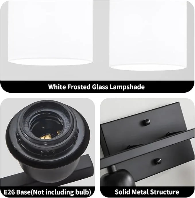 2 Light Black Bathroom Light Fixture, Modern Bathroom Lights with Milky White Frosted Glass Shades for Mirror Living Room Bedroom Hallway E26 Base - ModernBath