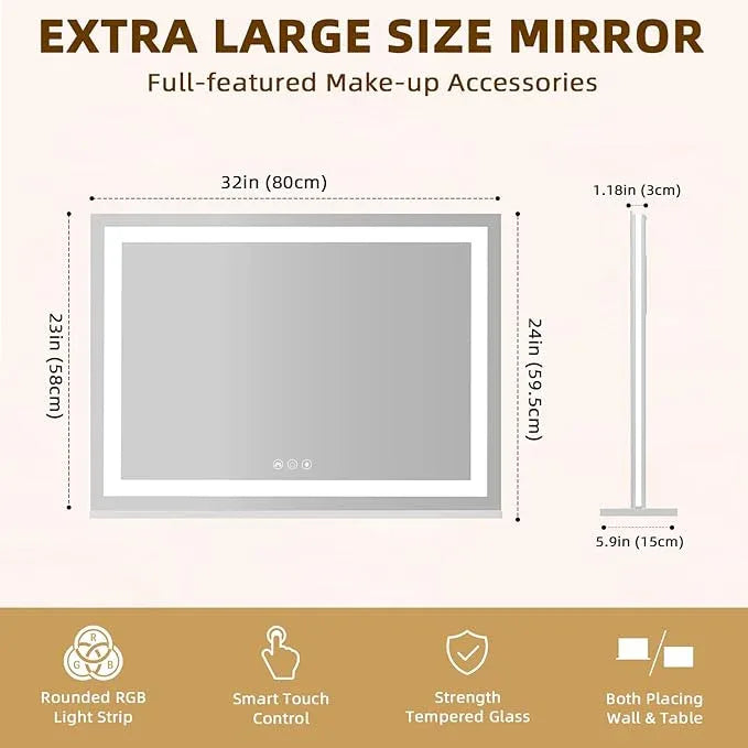 FENCHILIN Vanity Mirror with Lights, 32" x 23" RGB Backlit + Front Lit Large Hollywood Makeup Vanity Mirror LED Strip with 3 Colors Modes Smart Touch for Dressing Room & Bedroom White - ModernBath