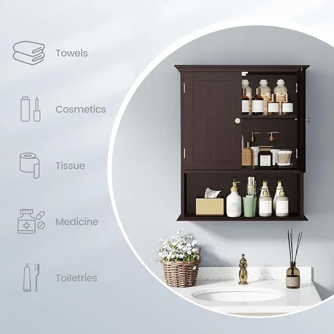 Tangkula Bathroom Wall Cabinet, Wooden Hanging Storage Cabinet with Doors & Shelves, Multipurpose Storage Cabinet for Restroom Kitchen Living Room, Wall Mounted Bathroom Medicine Cabinet (Brown) - ModernBath